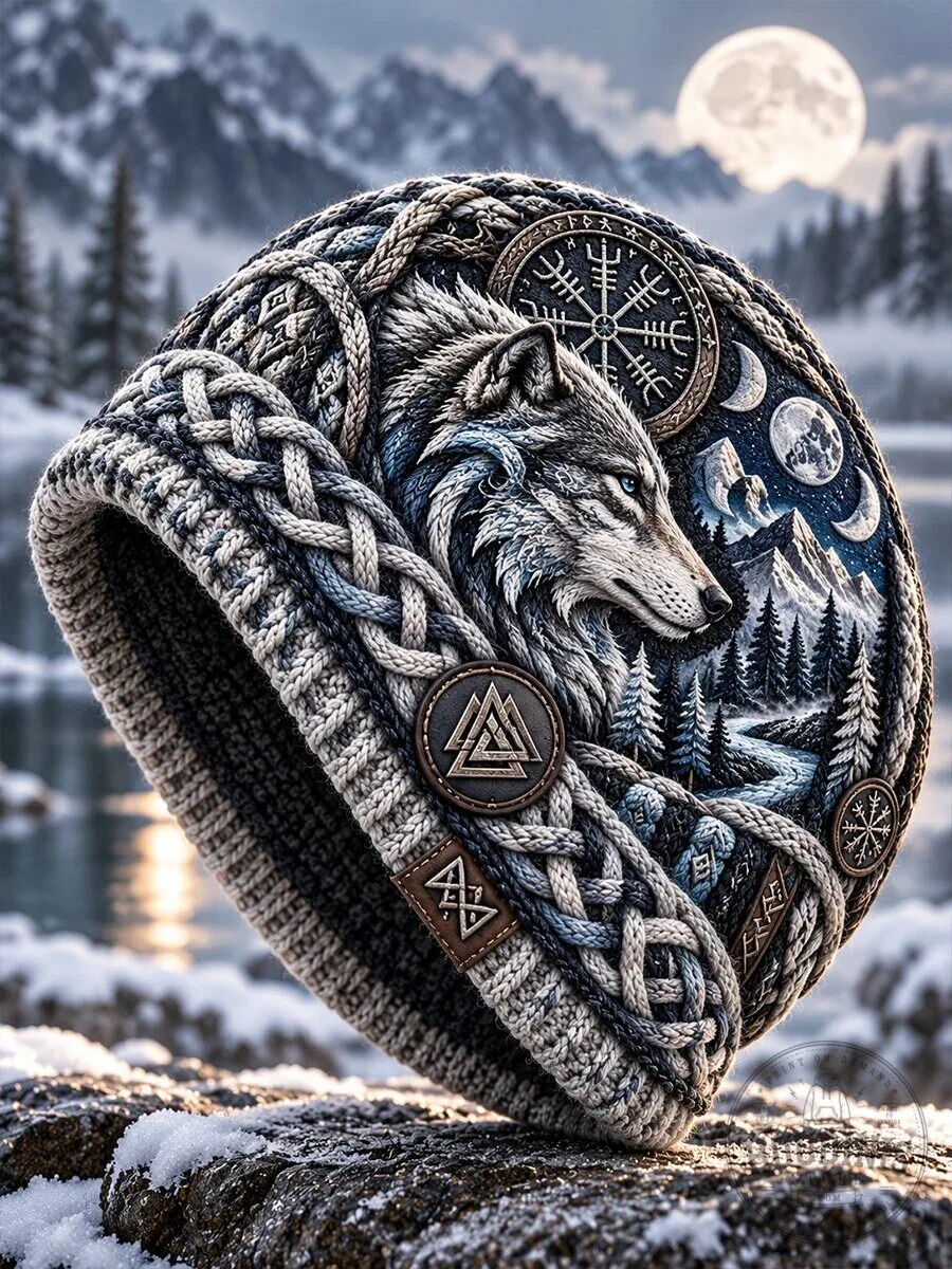 Nordic Viking Wolf Animal Print Knitted Beanie Cap Hat for Men and Women