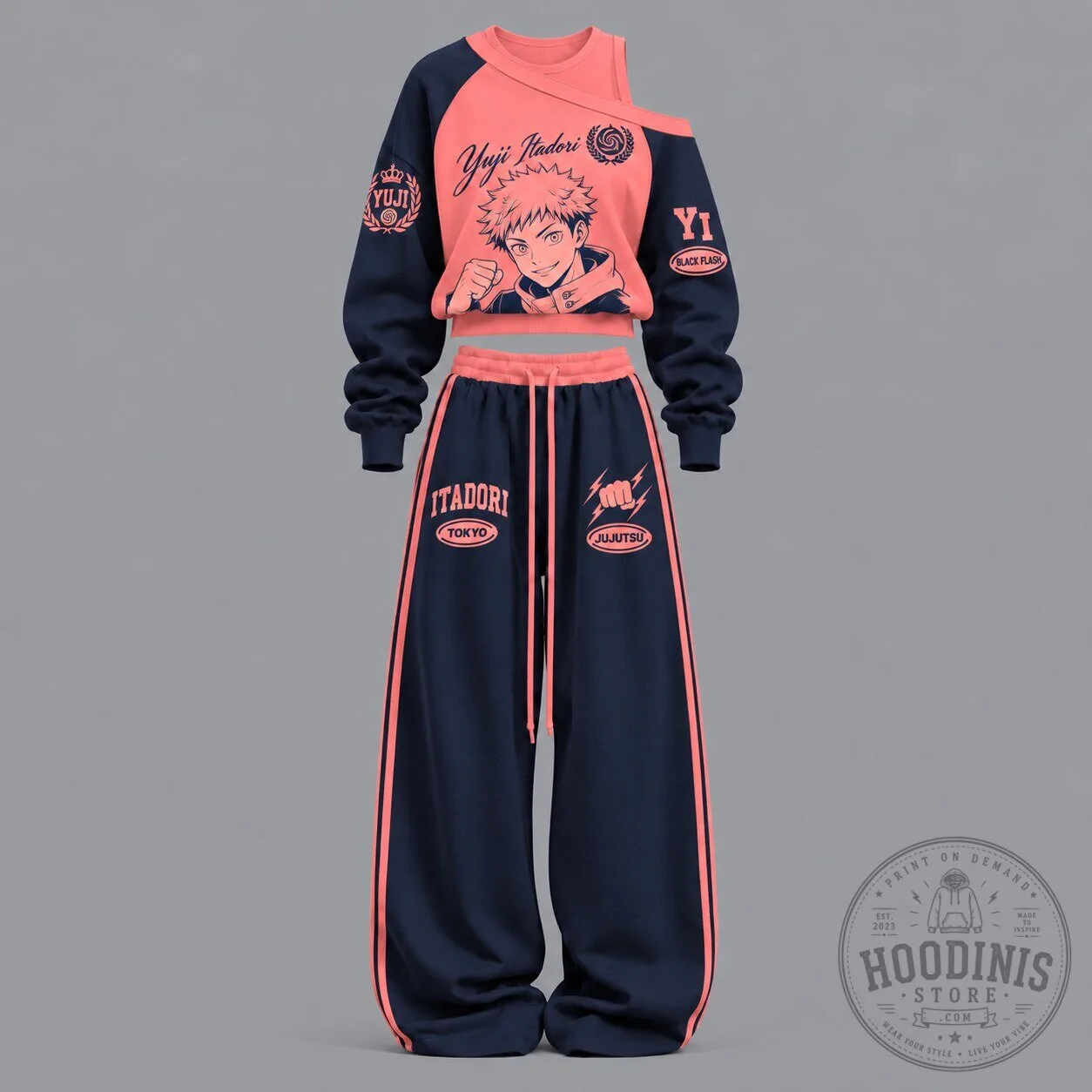 Jujutsu Kaisen Yuji Itadori Black Flash Off-Shoulder Sweatshirt and Pants Set