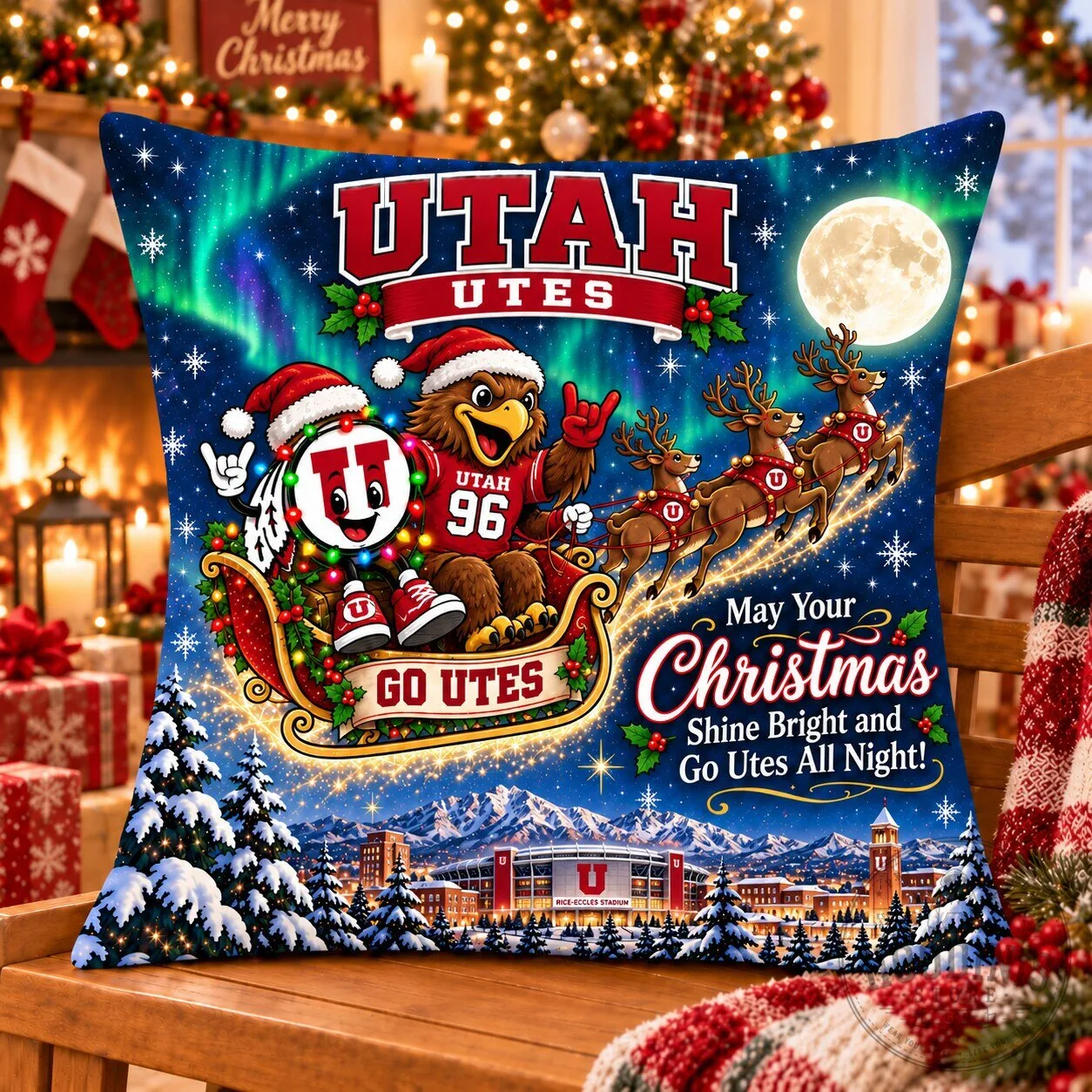 Utah Utes Christmas Night Flight Holiday Decorative Pillow