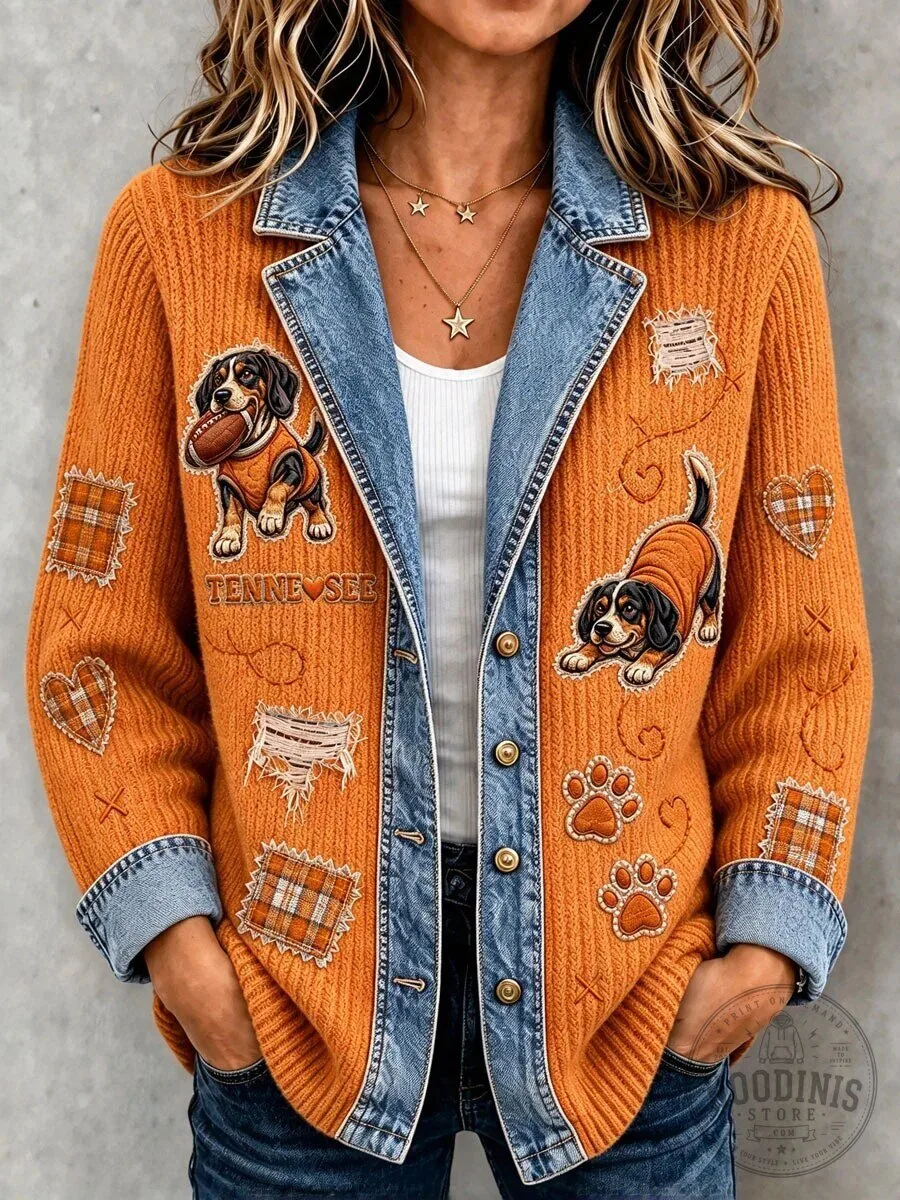 Tennessee Volunteers Football Dog Embroidered Denim Patchwork Jacket