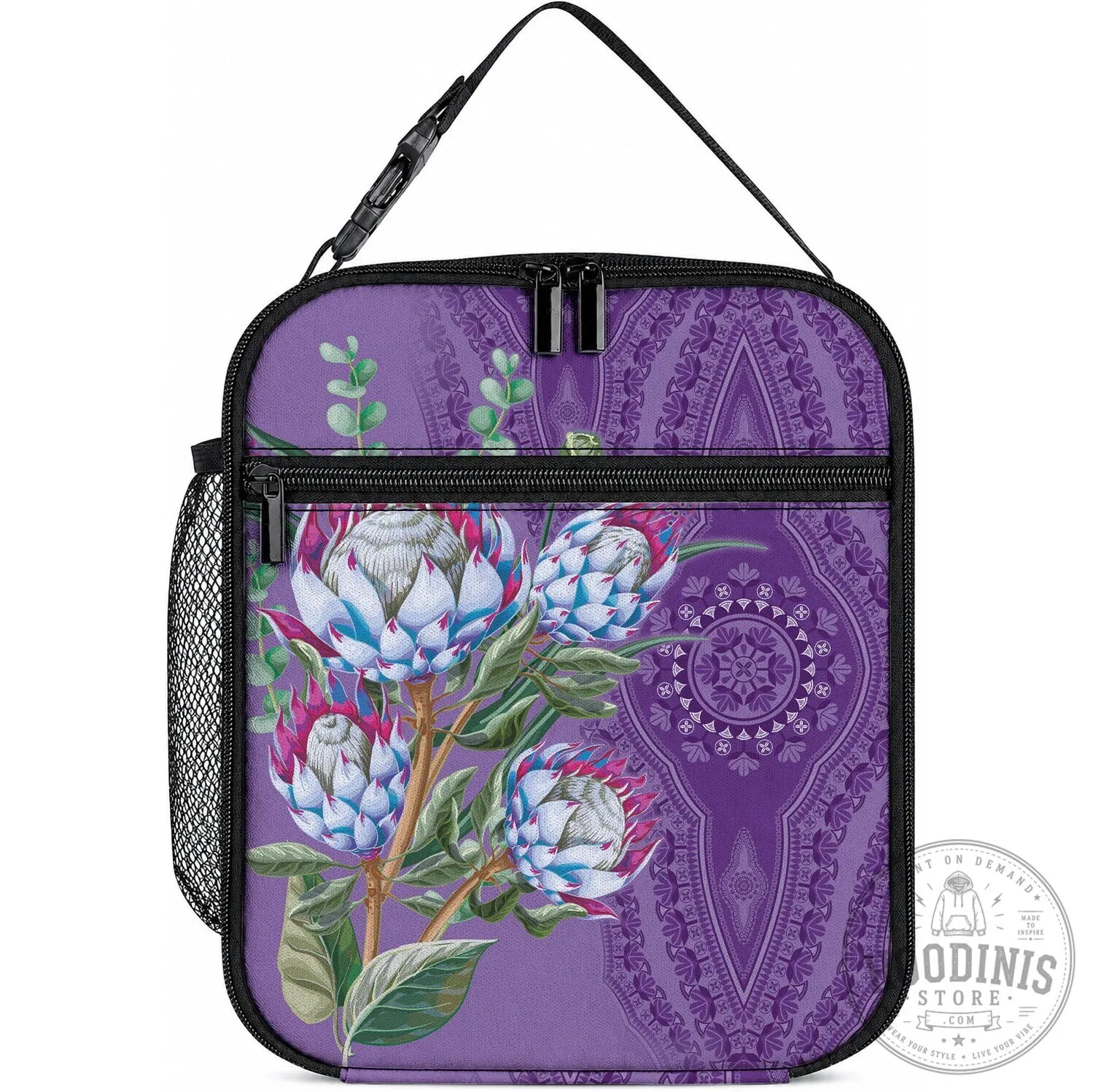African King Proteas Flower Dashiki Motif Violet Insulated Lunch Bag 5 African King Proteas Flower Dashiki Motif Violet Insulated Lunch Bag