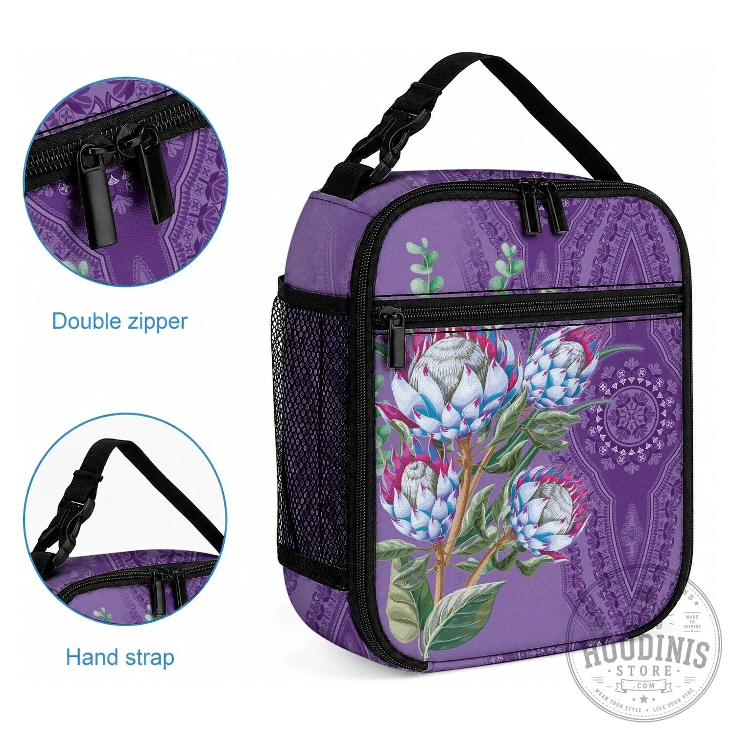 African King Proteas Flower Dashiki Motif Violet Insulated Lunch Bag 6 African King Proteas Flower Dashiki Motif Violet Insulated Lunch Bag