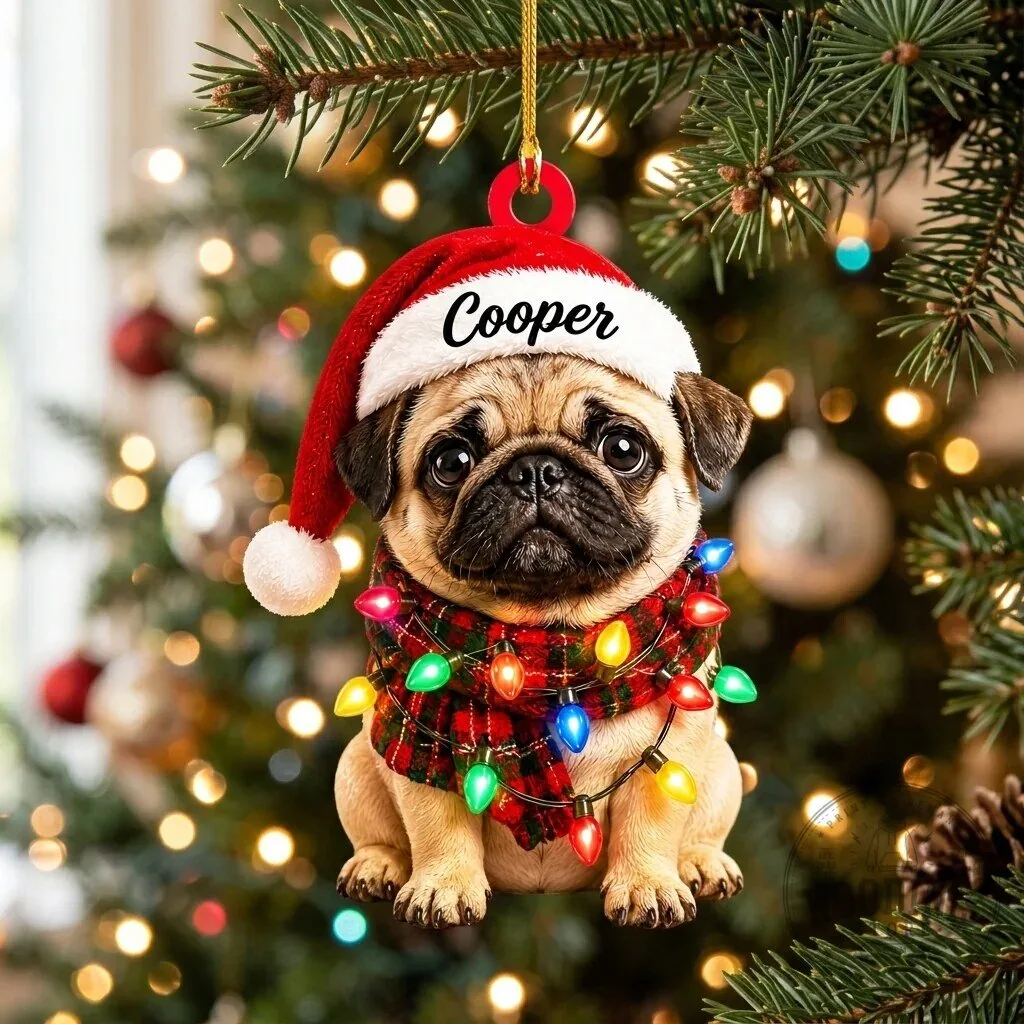 Personalized Pug Dog with Christmas Lights Holiday Tree Ornament