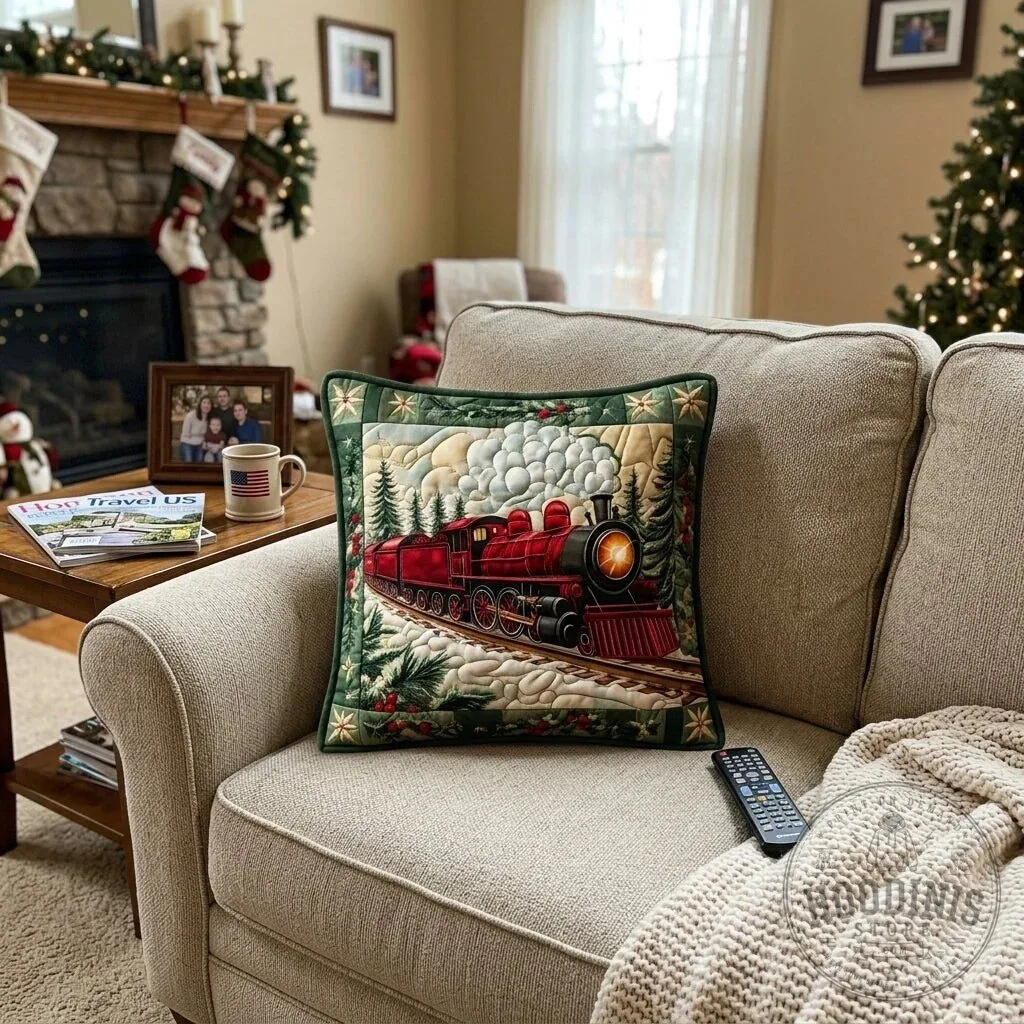 Christmas Train Engine Quilted Throw Pillow Cover