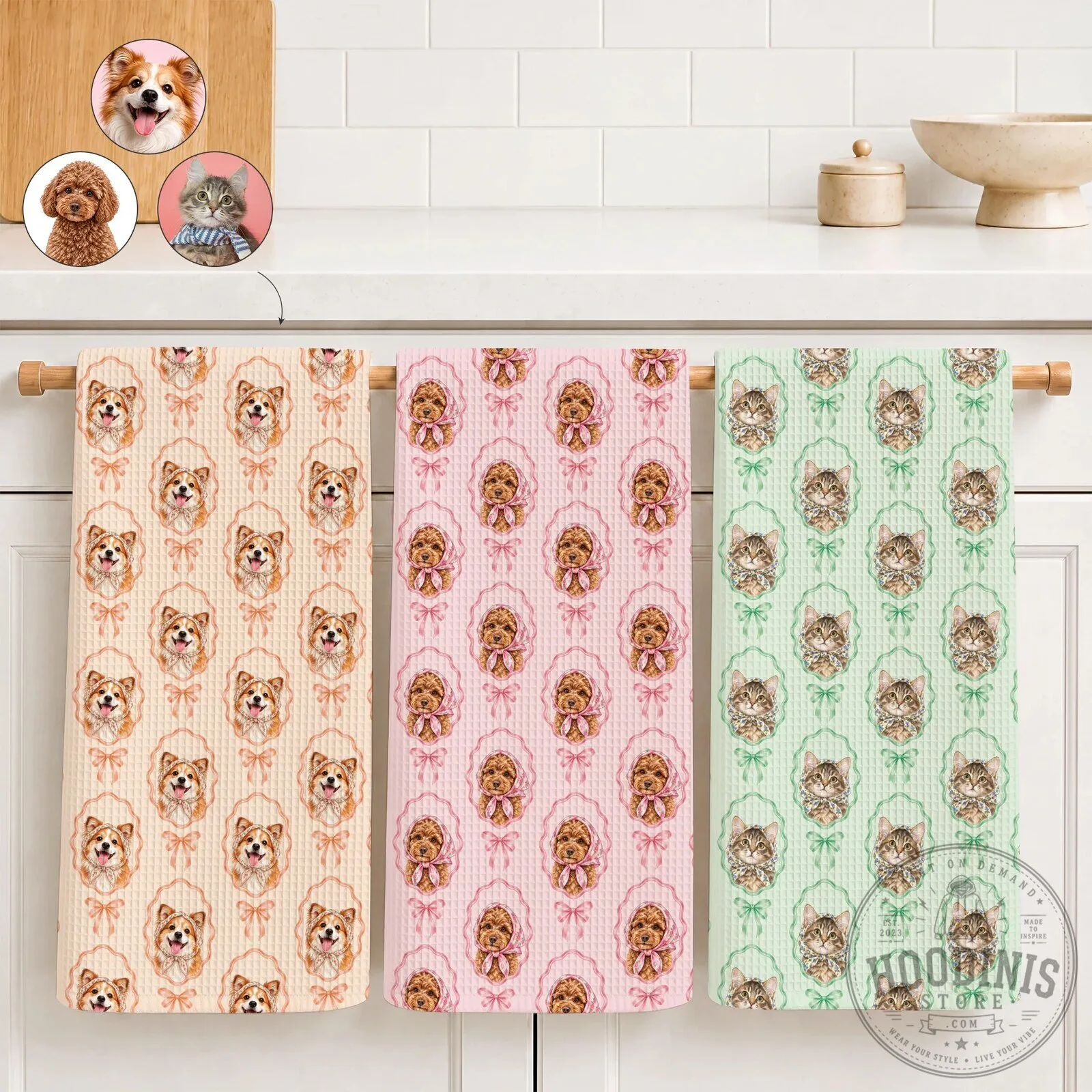 Personalized Pet Photo Pink Bow Kitchen Towel