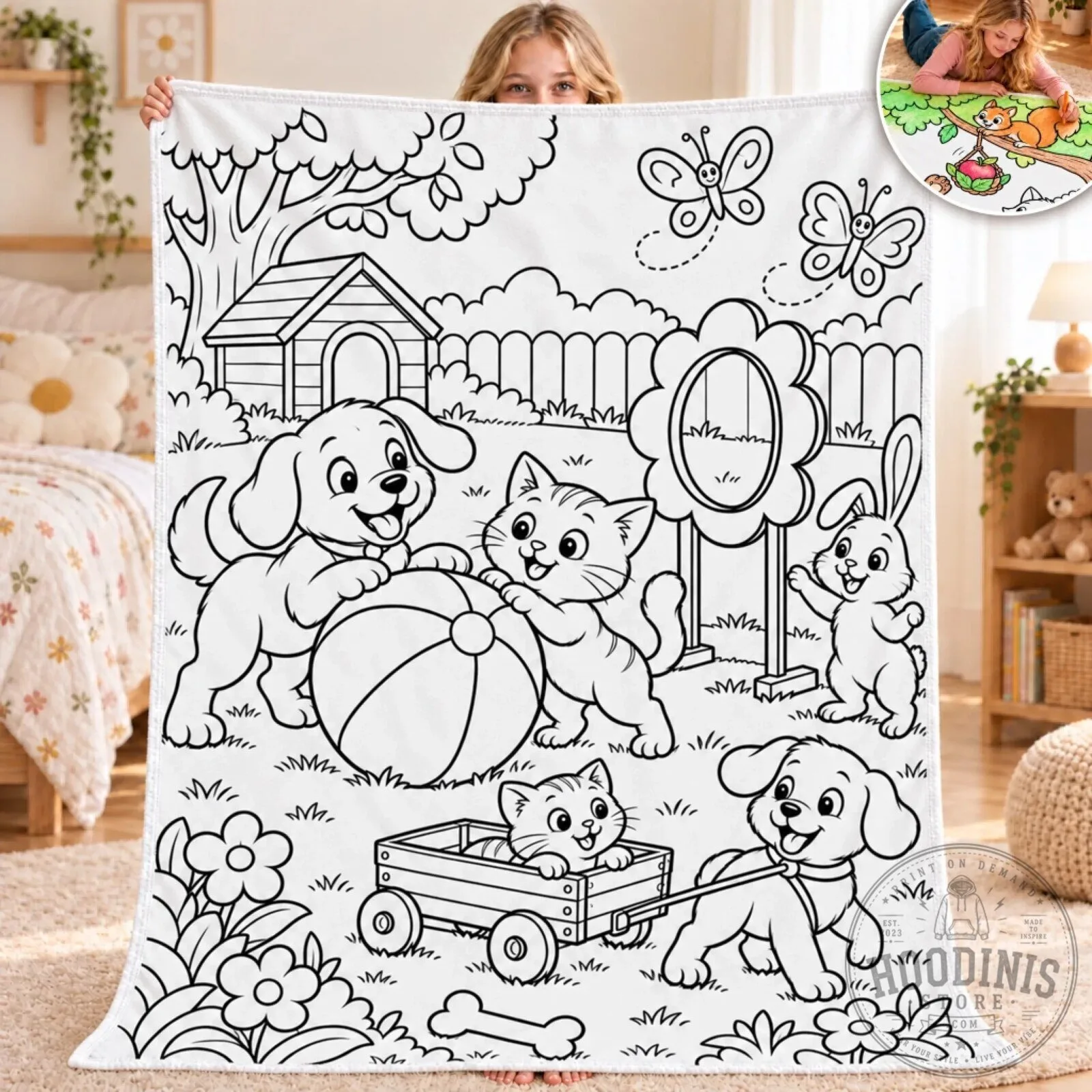 Cute Animal Backyard Coloring Activity Blanket for Kids