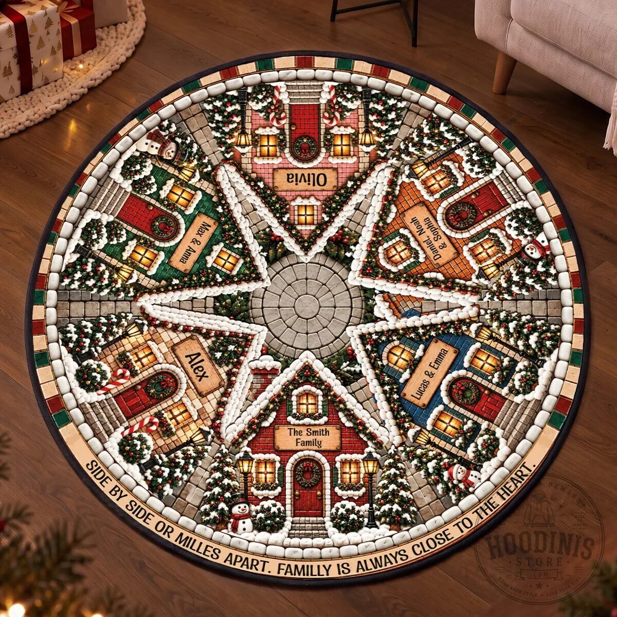 Personalized Family Christmas Village Round Mat, Side By Side Or Miles Apart