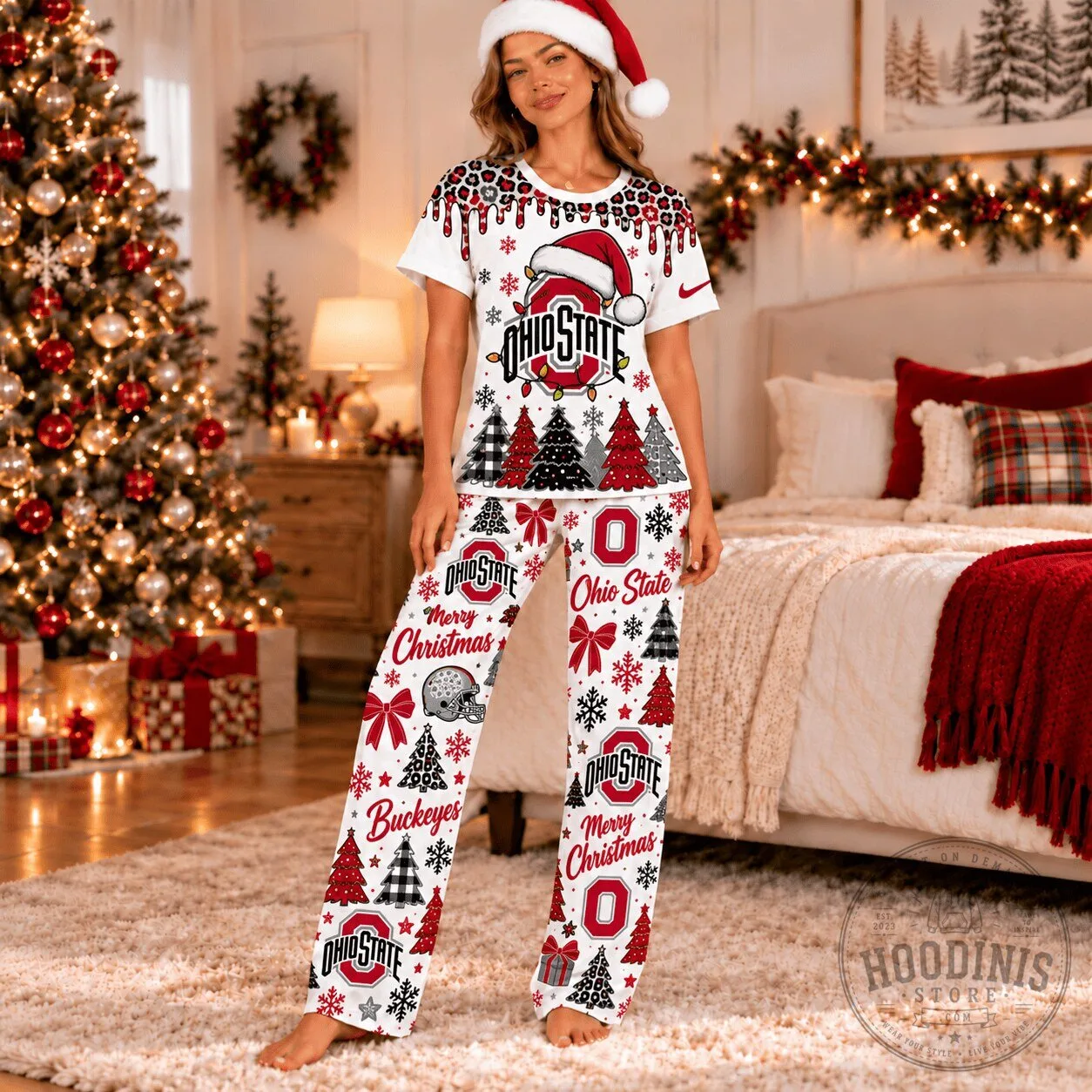 Ohio State Buckeyes Christmas Leopard Drip Pajamas Set for Women