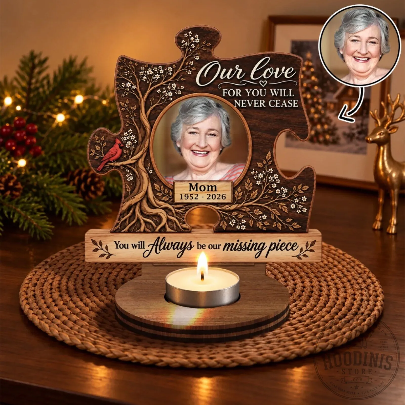 Personalized Memorial Puzzle Piece Wooden Candle Holder for Loved Ones
