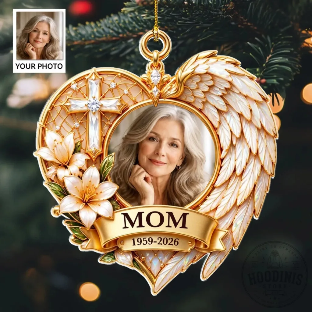 Personalized Memorial Heart Shaped Angel Wings Photo Christmas Ornament Personalized Memorial Heart Shaped Angel Wings Photo Christmas Ornament