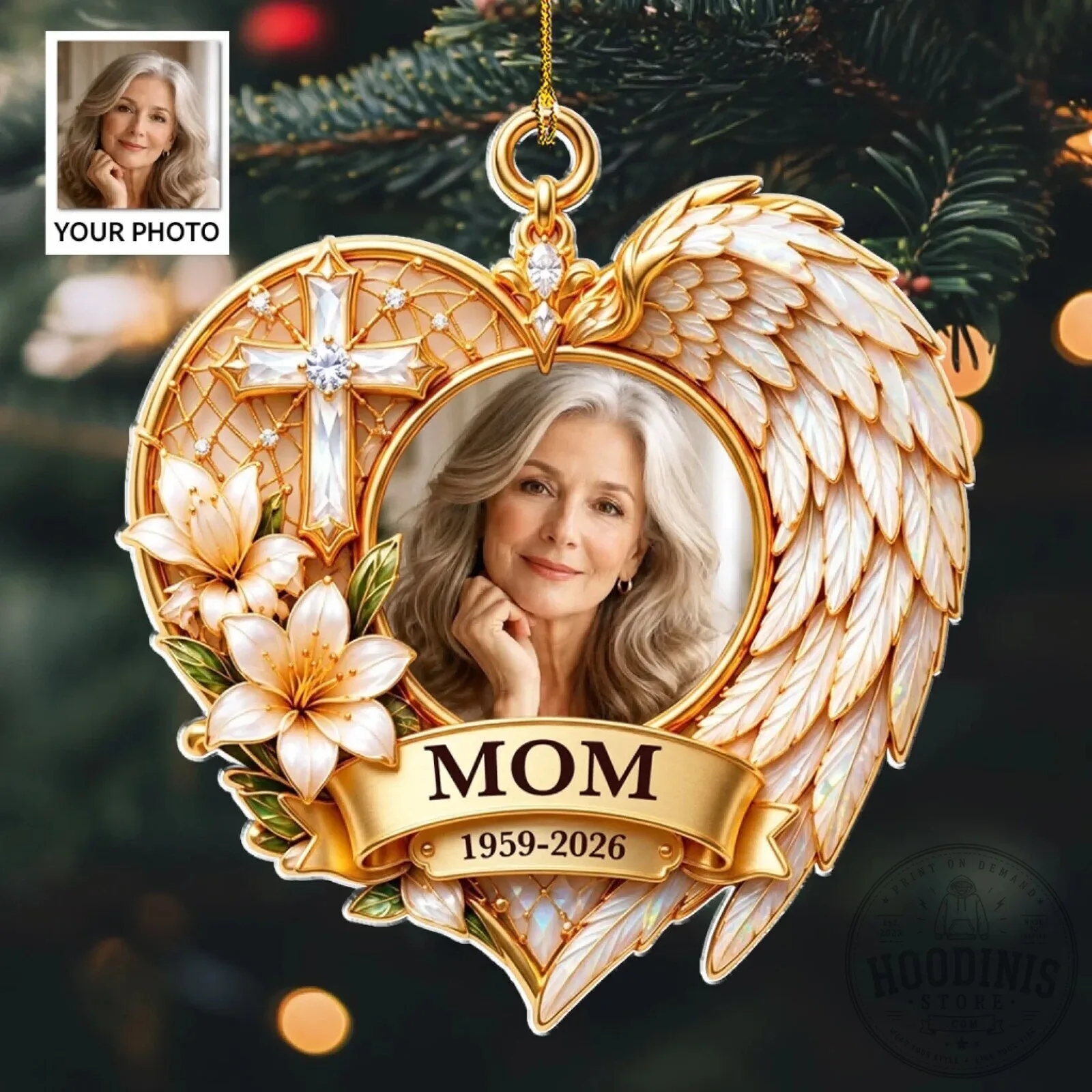 Personalized Memorial Heart Shaped Angel Wings Photo Christmas Ornament