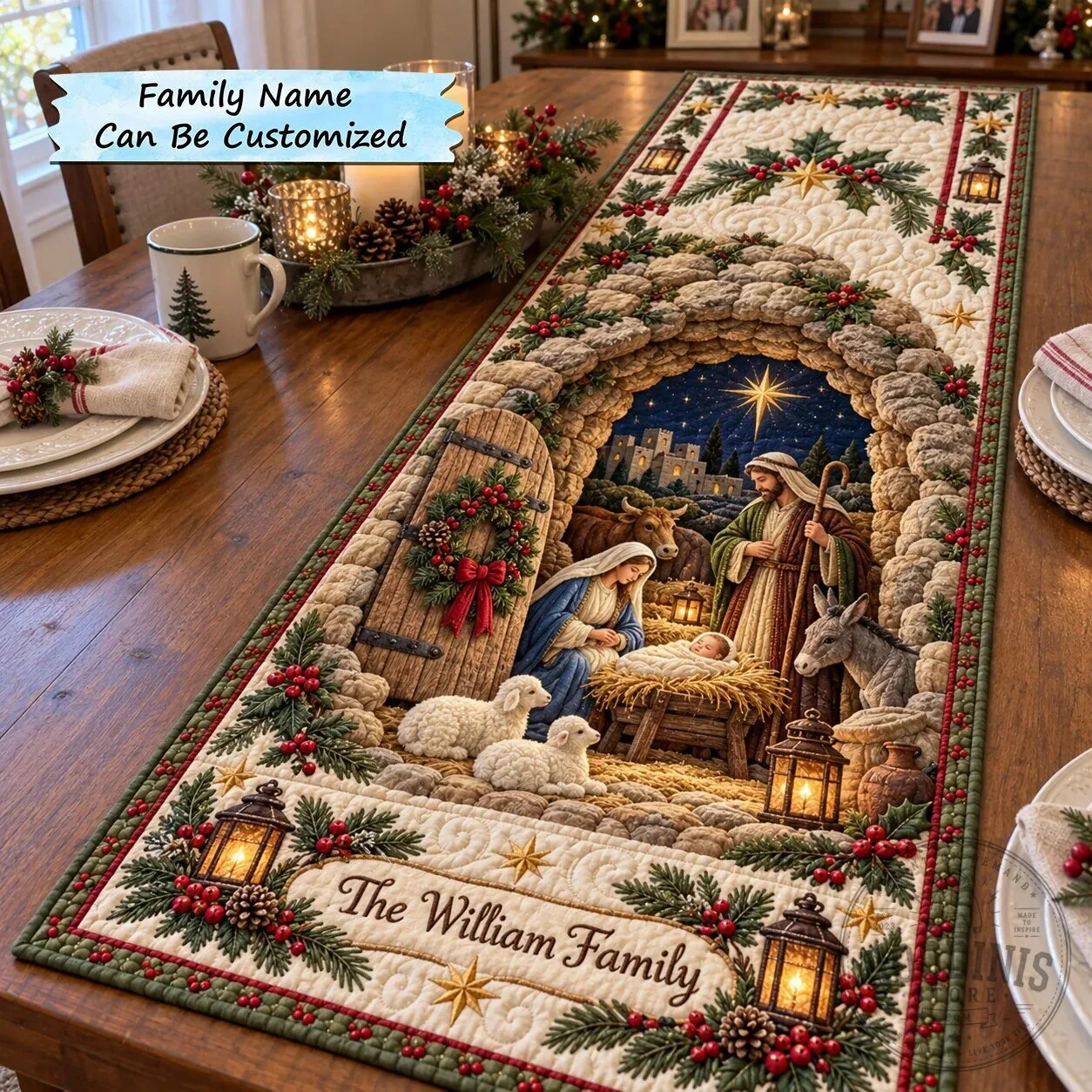 Personalized Nativity Scene Christmas Quilted Table Runner
