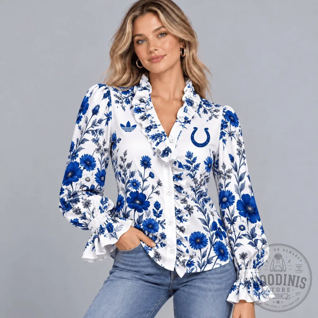 Indianapolis Colts Floral Print Ruffle Neck Button Down Long Sleeve Blouse Indianapolis Colts Floral Print Ruffle Neck Button Down Long Sleeve Blouse