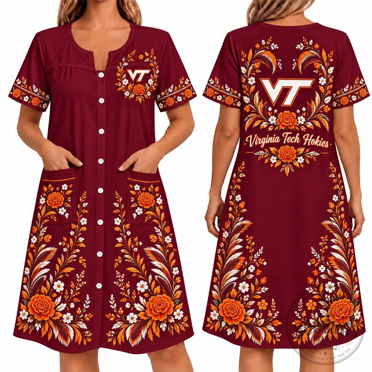 Virginia Tech Hokies Floral Button-Up House Dress for Women