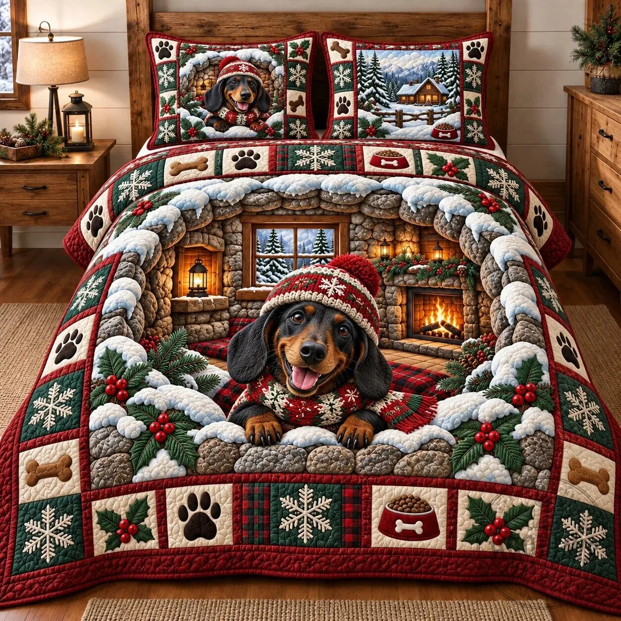 Dachshund Dog Christmas Cabin Winter Wonderland Quilted Bedding Set
