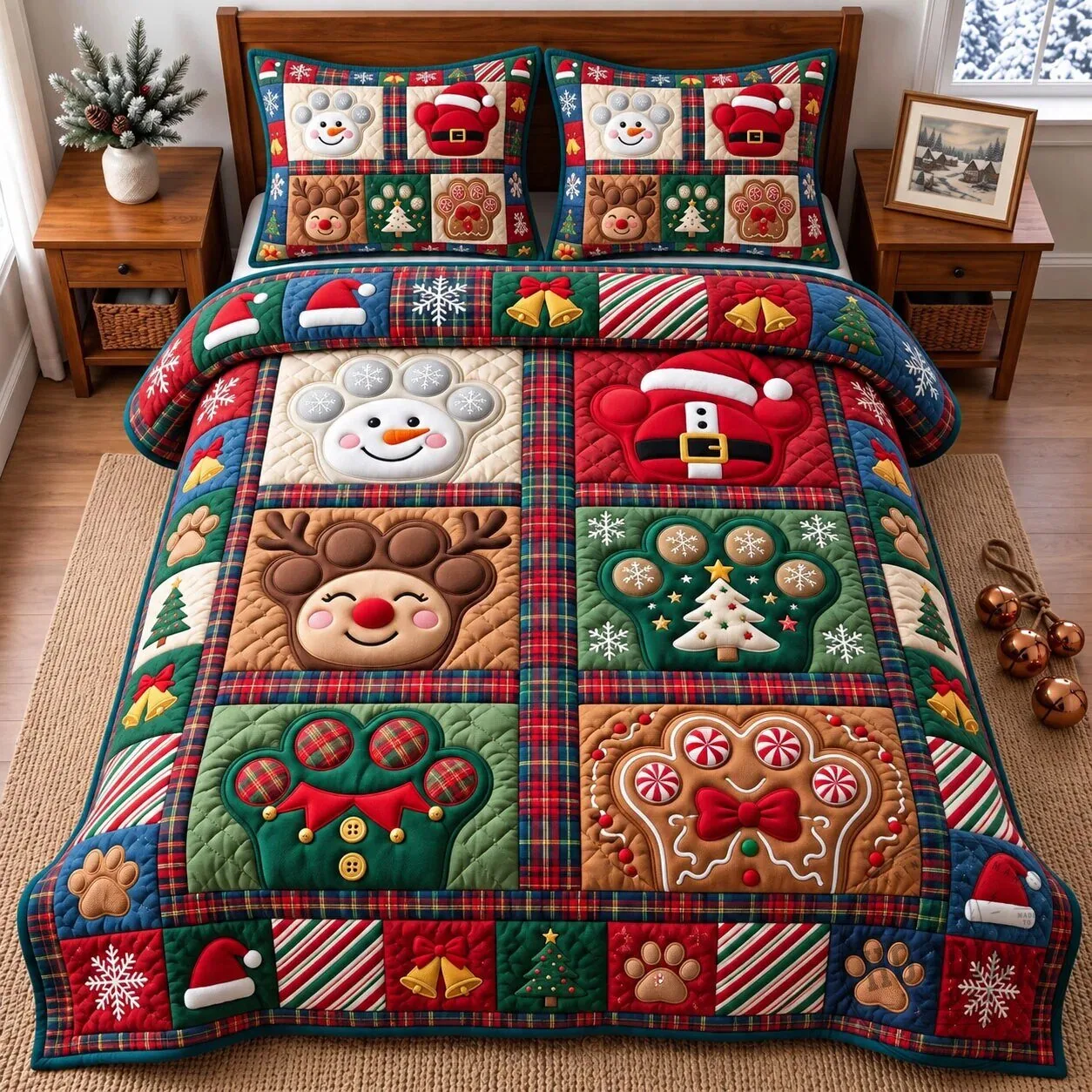 Christmas Santa Paws Holiday Patchwork Quilted Bedding Set
