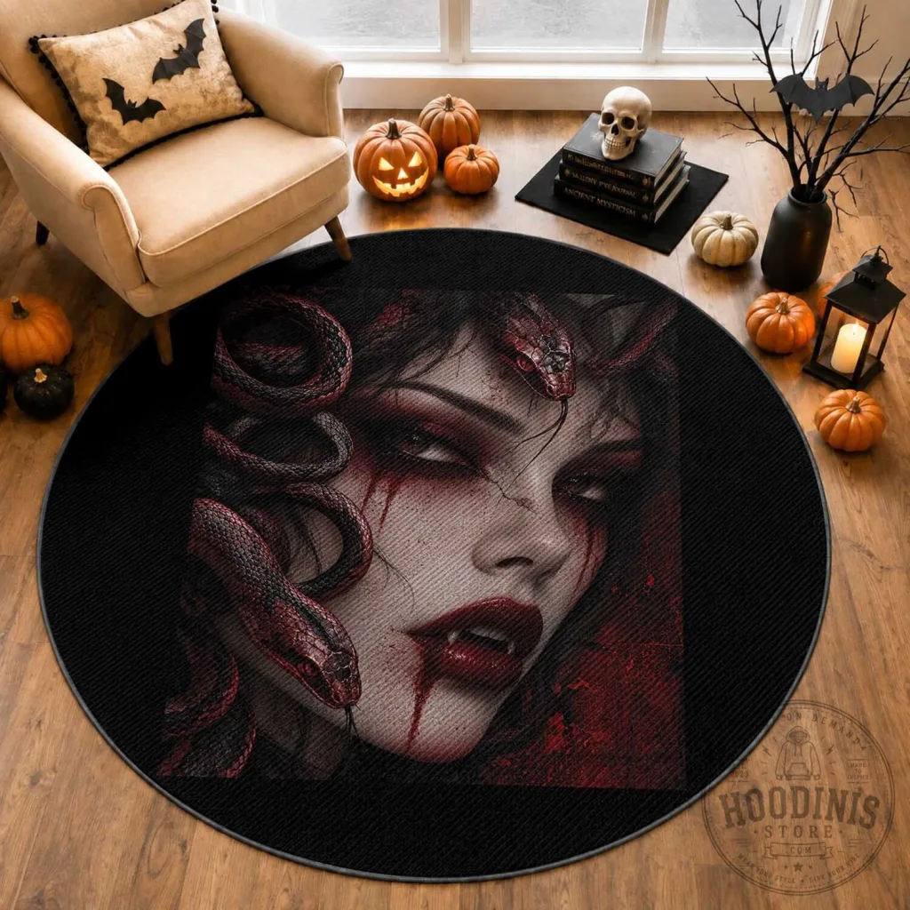 Vampire Medusa Greek Mythology Occult Round Rug Dark Scary Grunge Horror Vampire Medusa Greek Mythology Occult Round Rug Dark Scary Grunge Horror