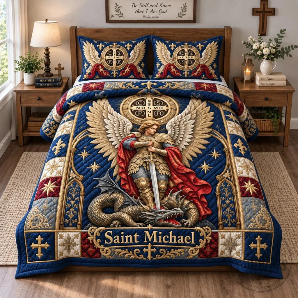 Saint Michael Archangel Dragon Slayer Quilted Bedding Set Saint Michael Archangel Dragon Slayer Quilted Bedding Set