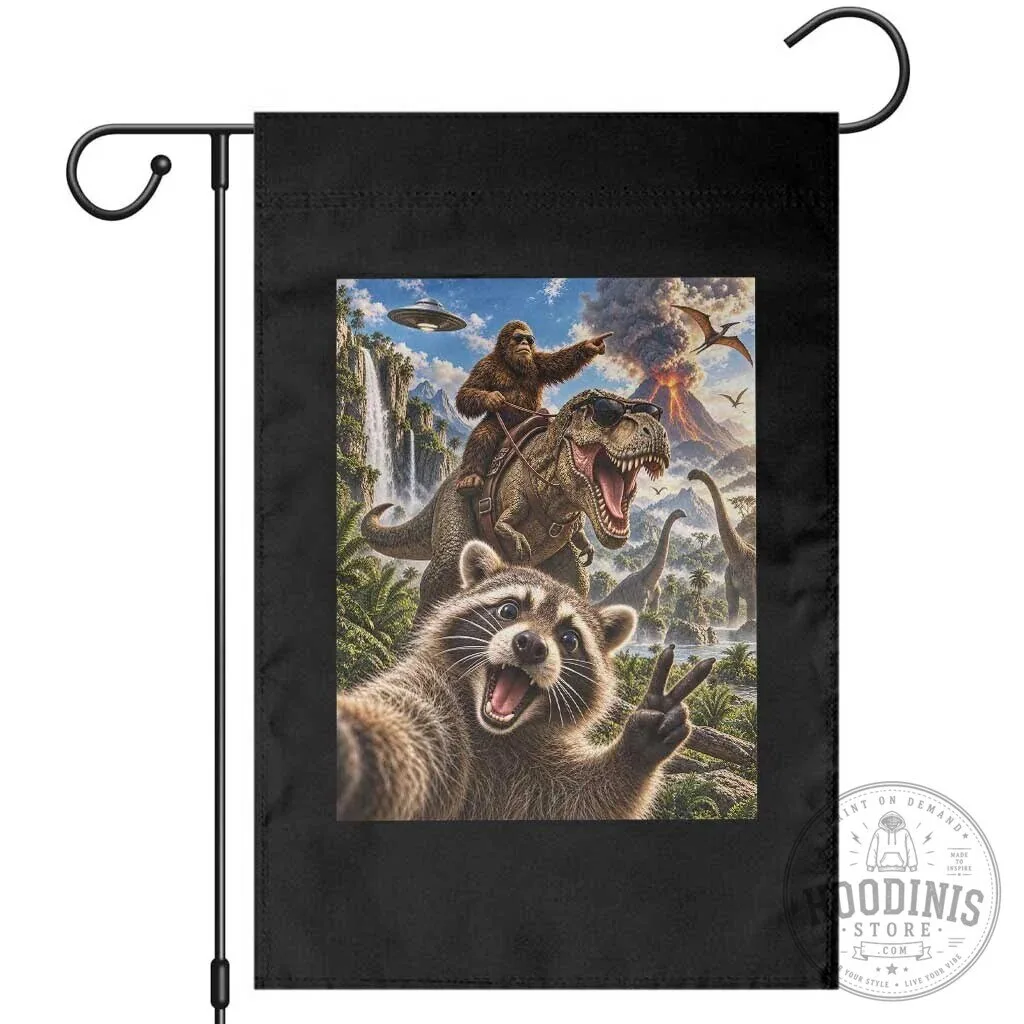 Funny Raccoon Selfie Bigfoot Riding Dinosaur UFO Prehistoric Garden Flag
