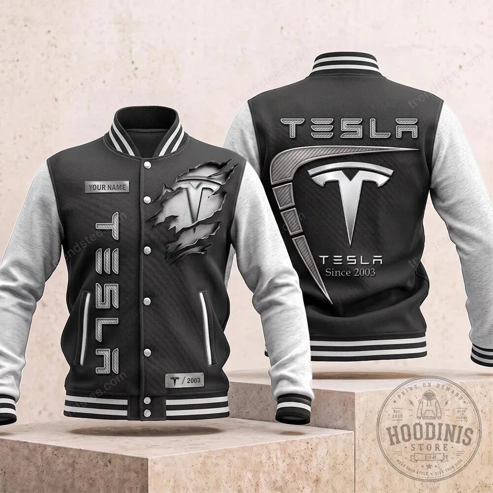Tesla Motors Carbon Fiber Design Black and White Varsity Jacket