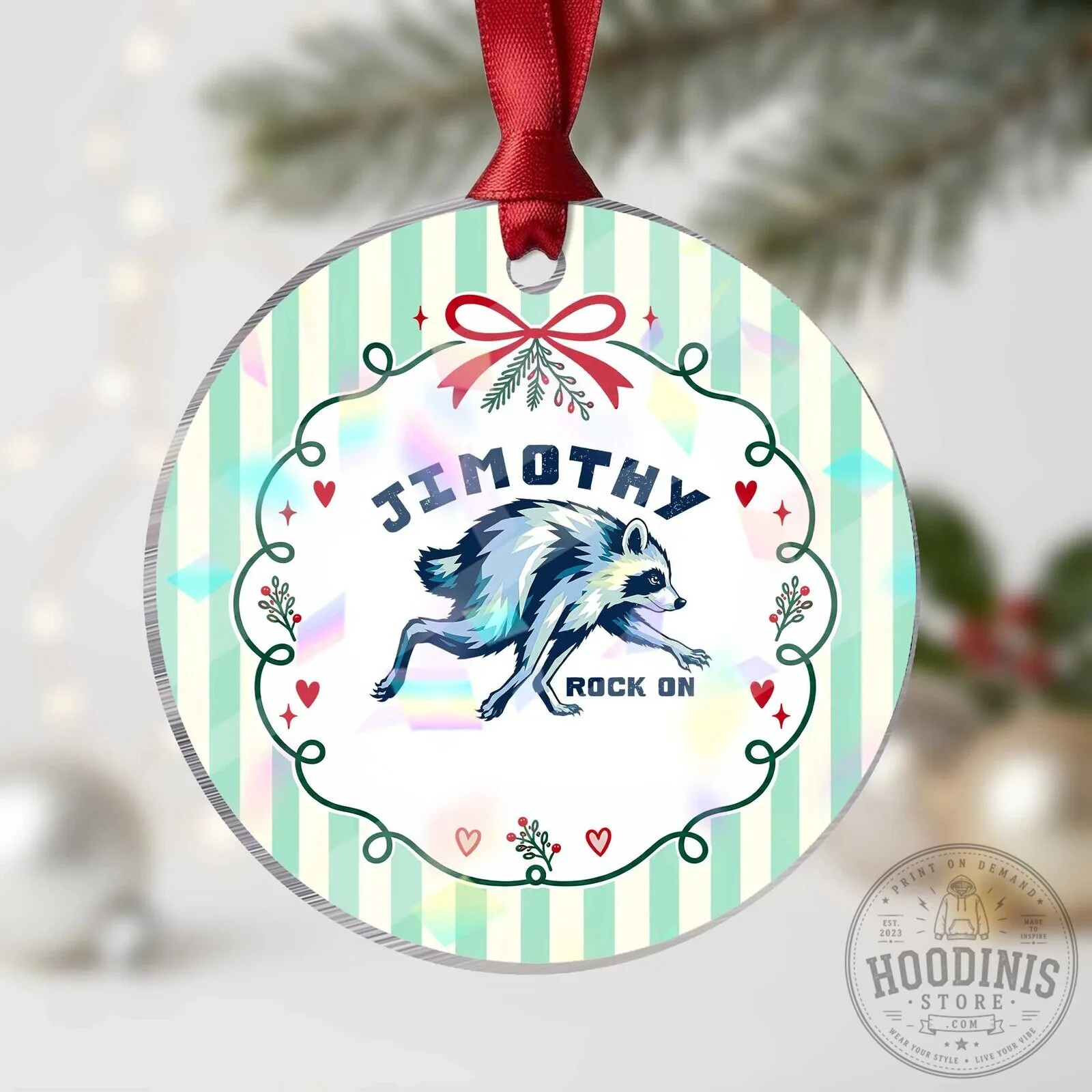 Rock On Jimothy the Raccoon Blue Graphic Holographic Acrylic Christmas Ornament