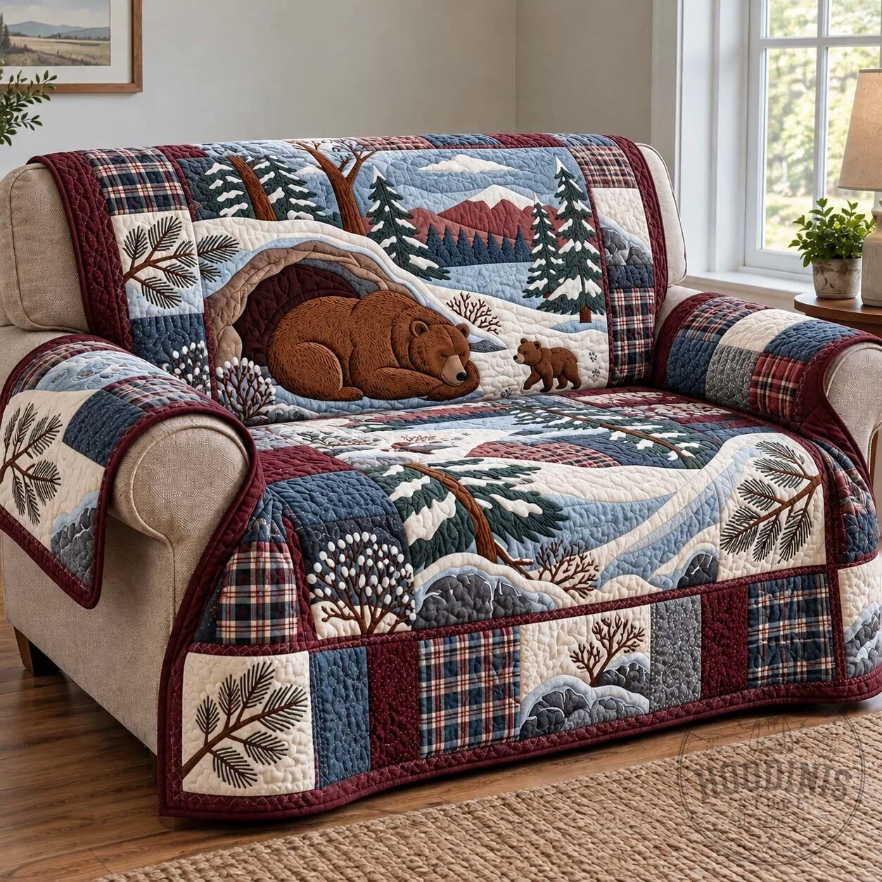 Winter Bear Den Quilted Sofa Cover, Cozy Bear Family Mountain Forest Couch Protector 9 Winter Bear Den Quilted Sofa Cover, Cozy Bear Family Mountain Forest Couch Protector
