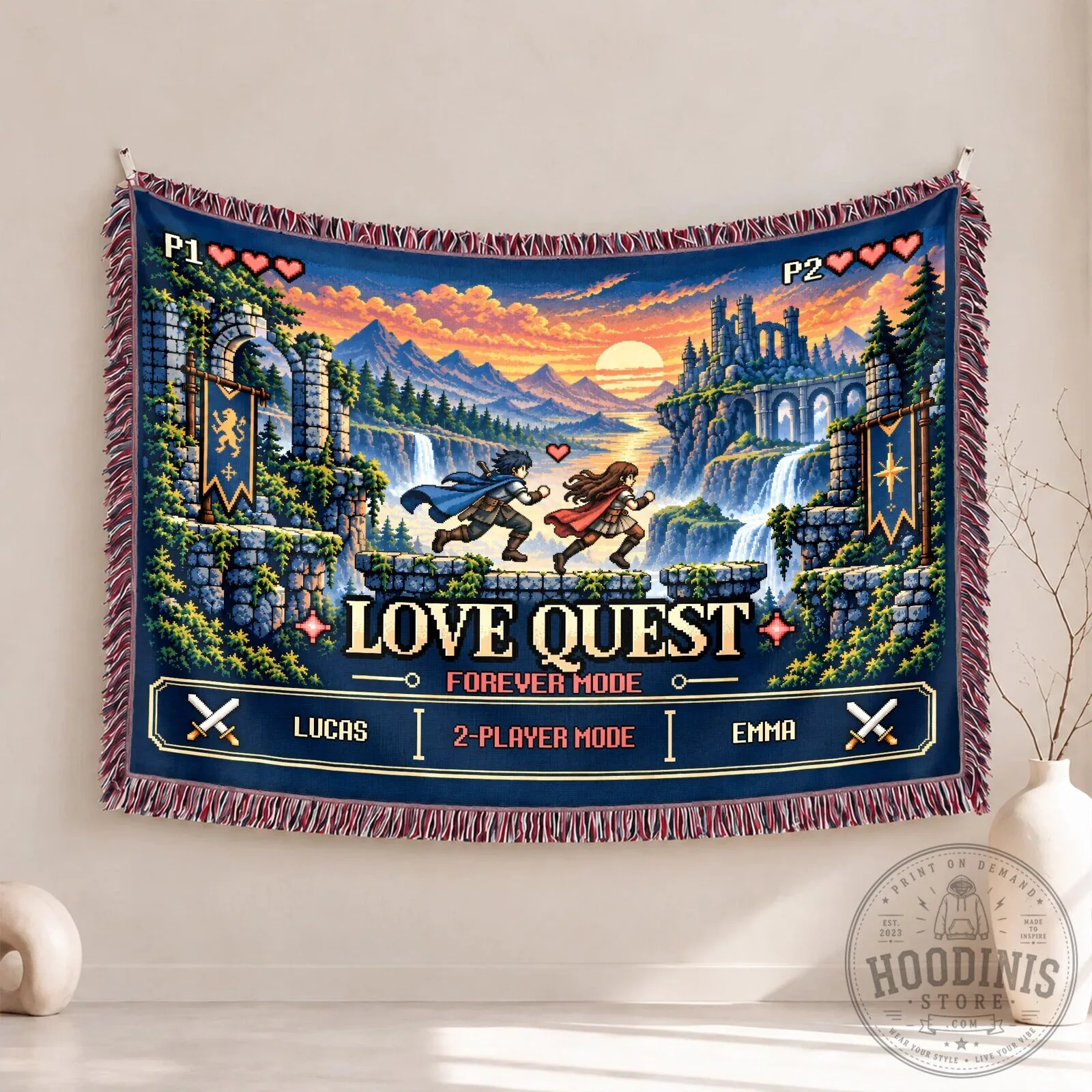 Personalized Video Game Love Quest Pixel Art Woven Blanket for Couples
