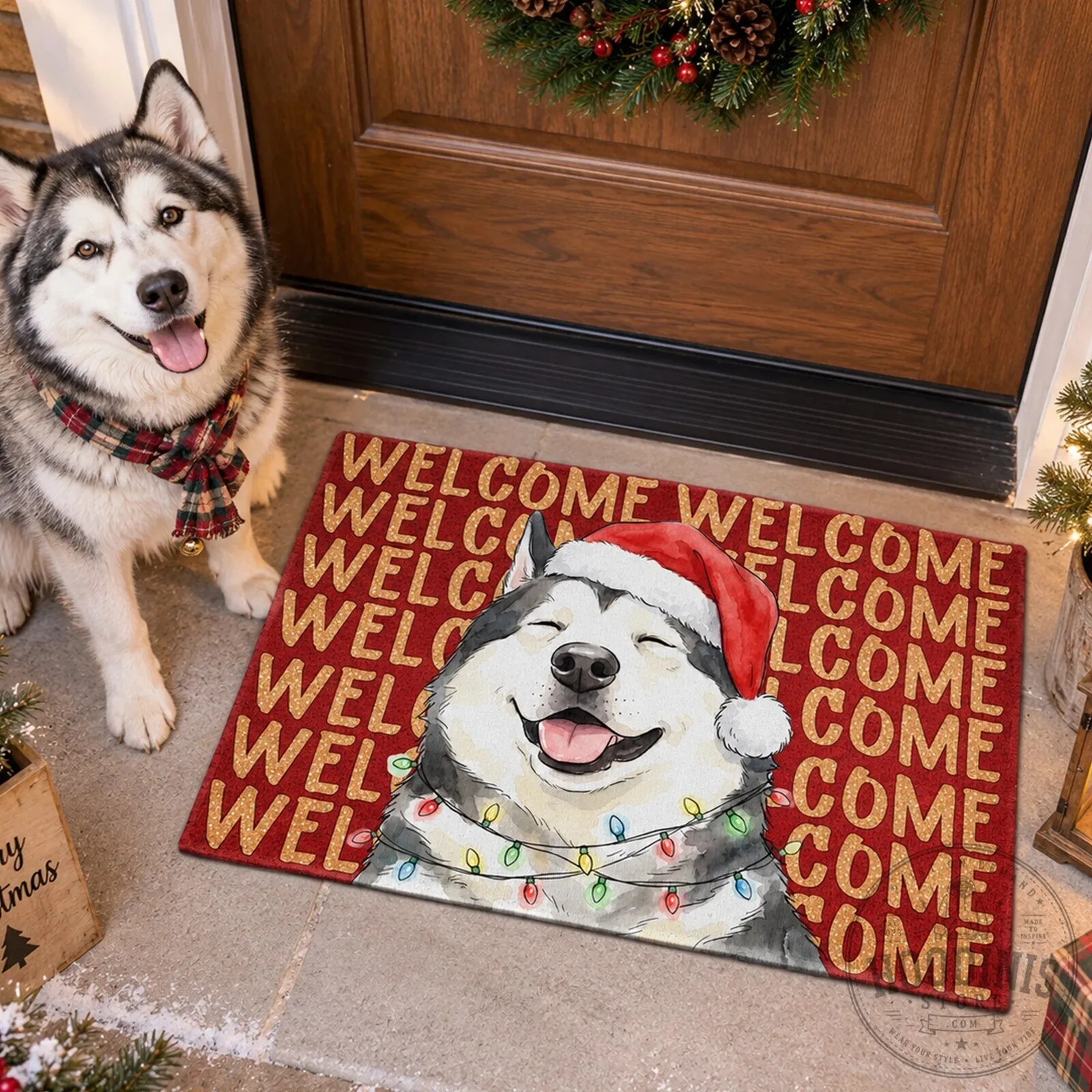 Christmas Husky Dog Welcome Doormat Holiday Home Entry Decor