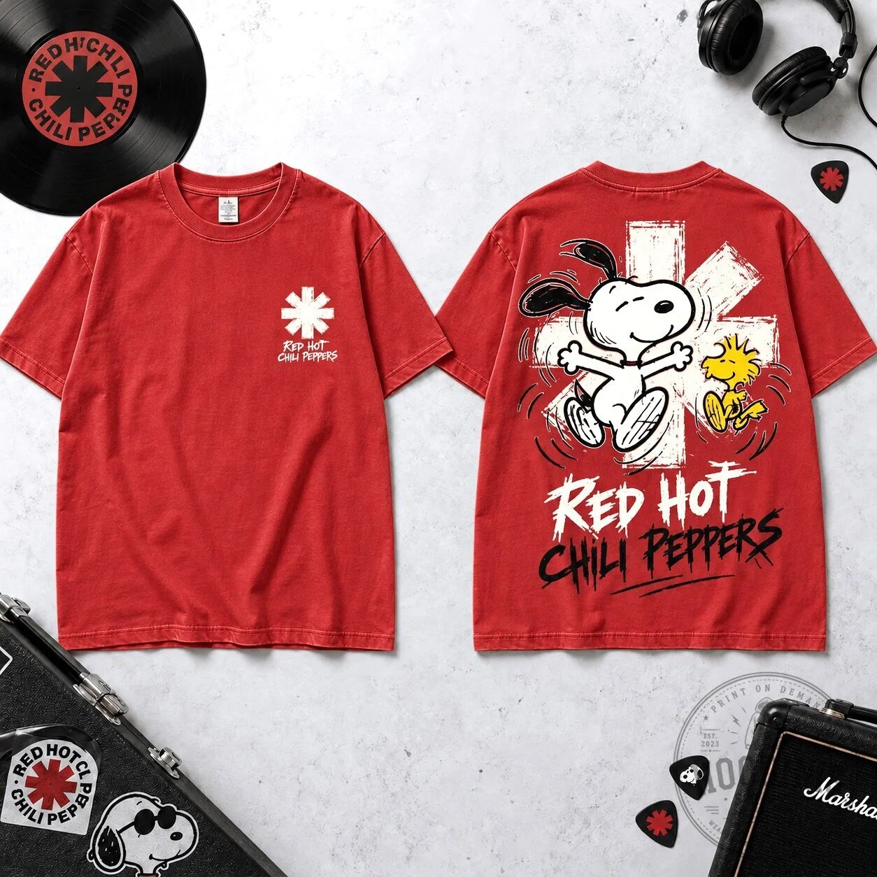 Red Hot Chili Peppers Snoopy and Woodstock Graphic Print T-Shirt for Music Fans