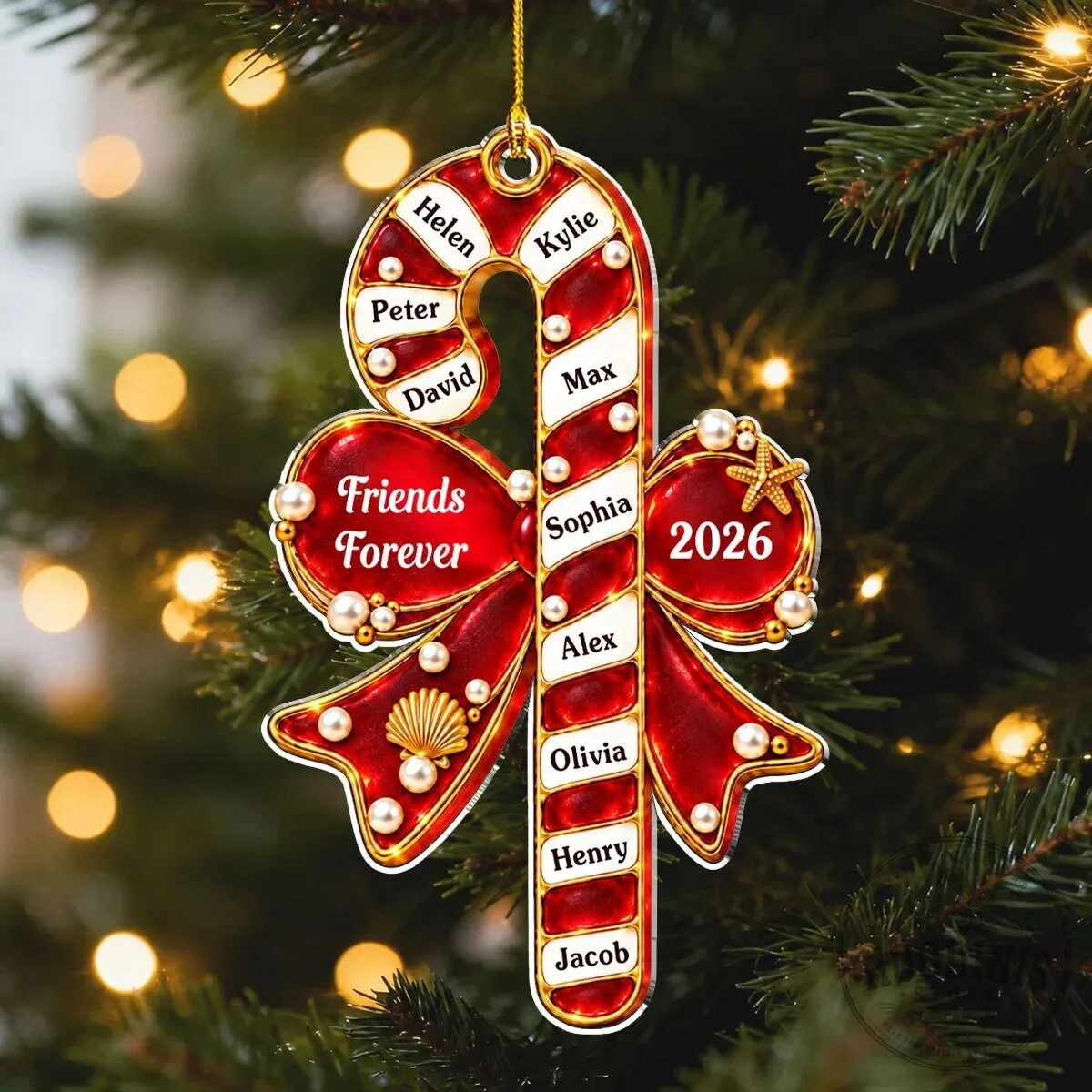 Personalized Christmas Candy Cane Family Names Ornament with Friends Forever