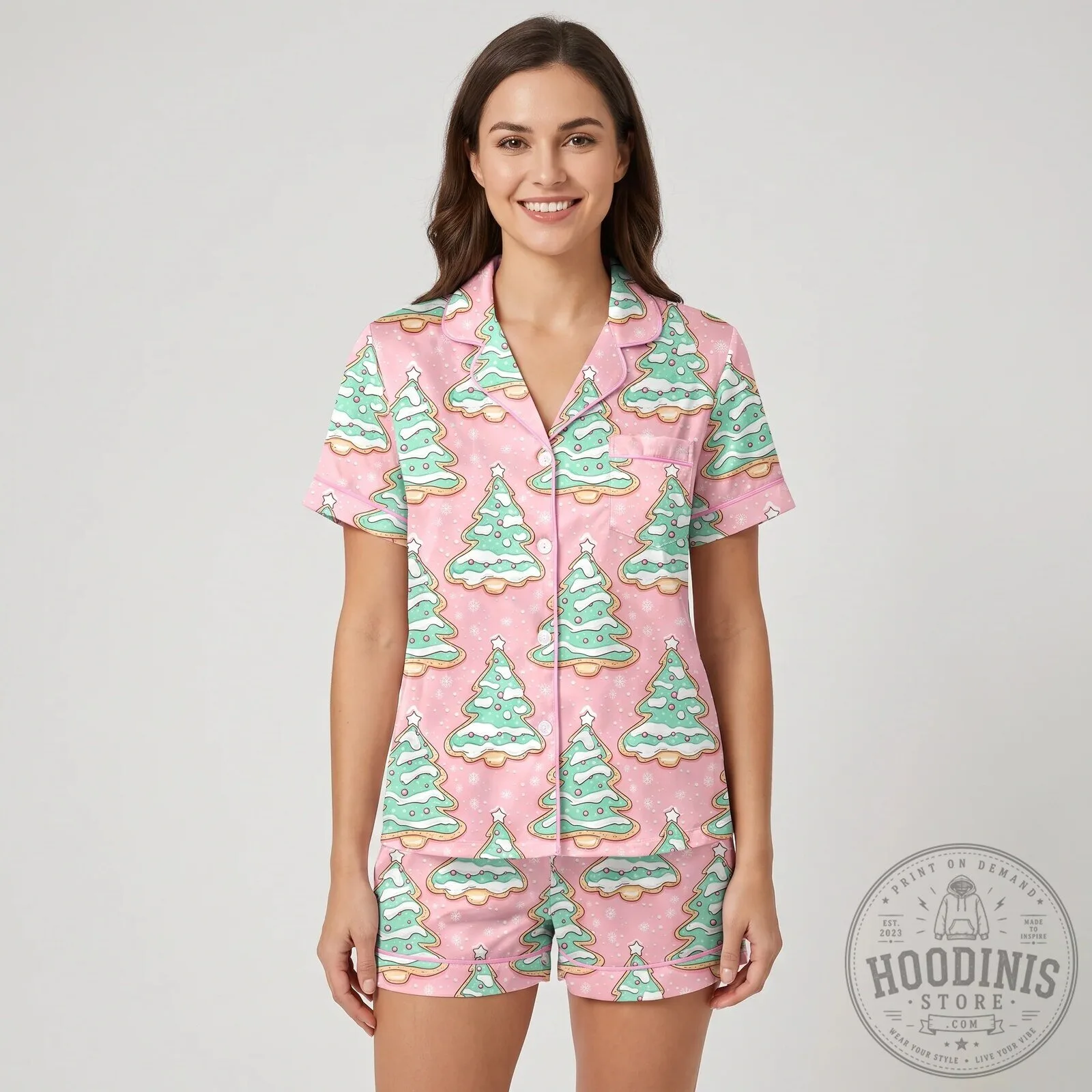 Pink Christmas Tree Cakes Women's Short Sleeve Button-Up Pajama Set