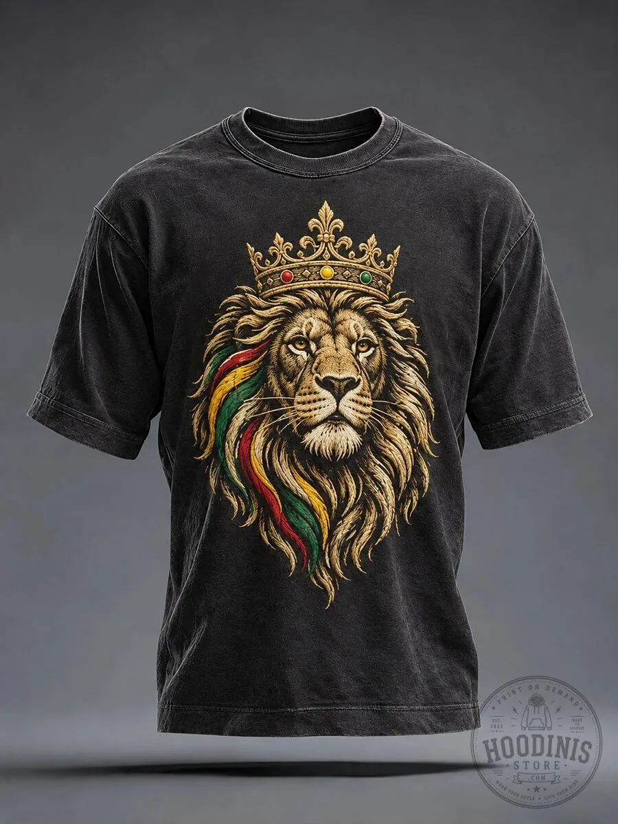 Crowned King Rasta Colors Washed T-Shirt Featuring the Reggae Lion of Judah