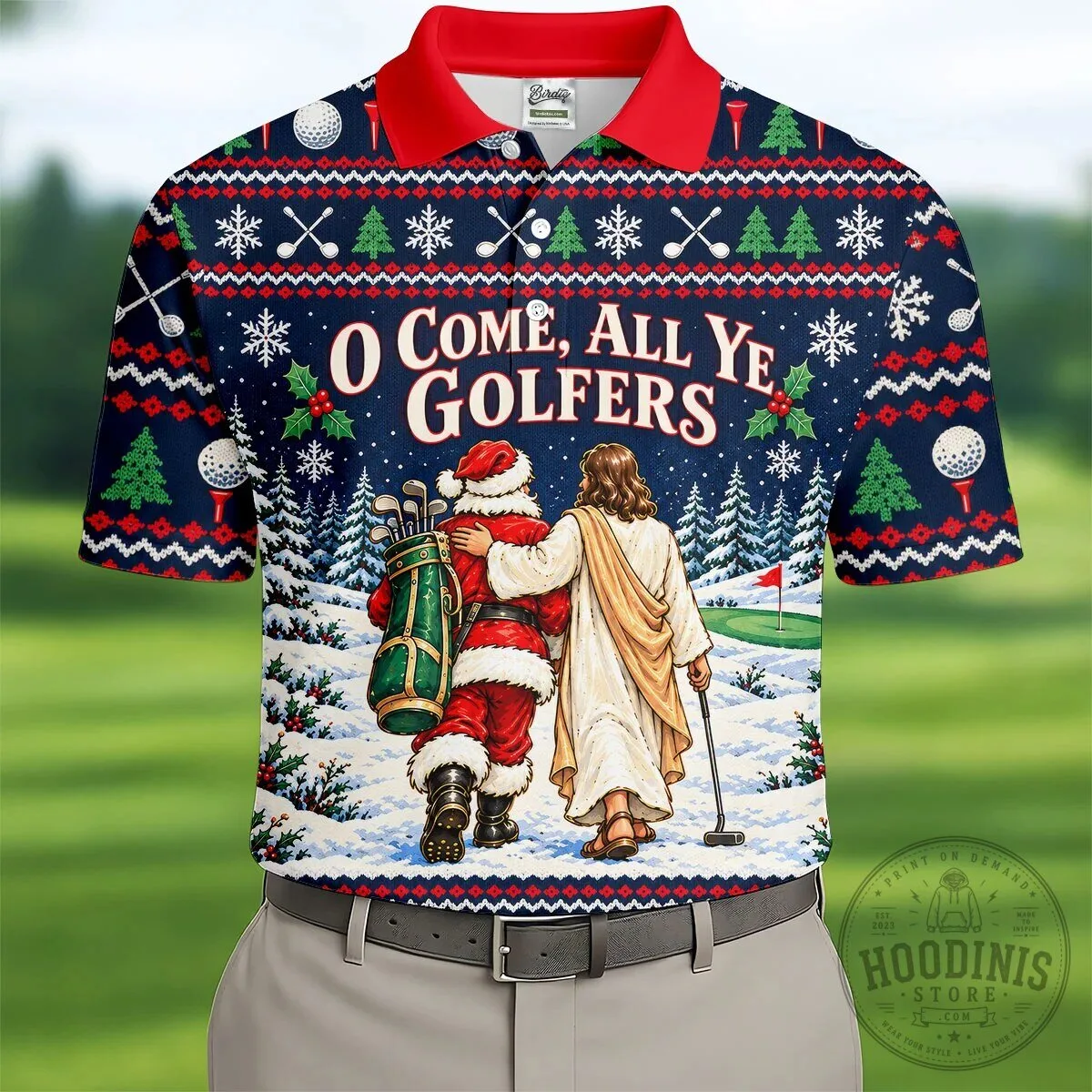 O Come All Ye Golfers Christmas Golfing Ugly Sweater Style Polo Shirt