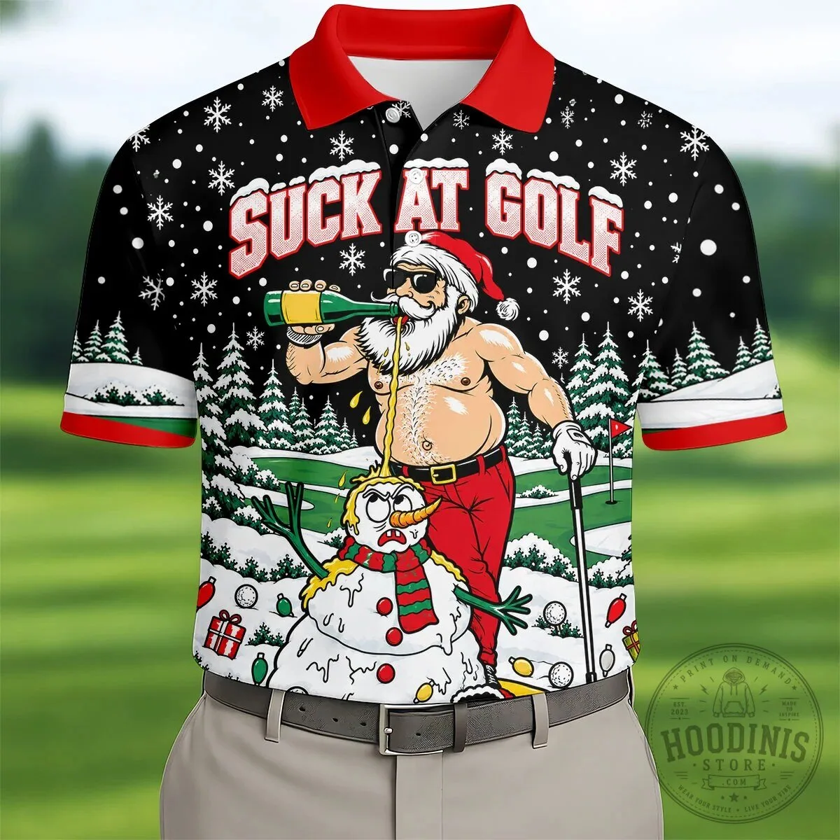 Funny Suck At Golf Santa Drinking Beer Christmas Polo Shirt for Men