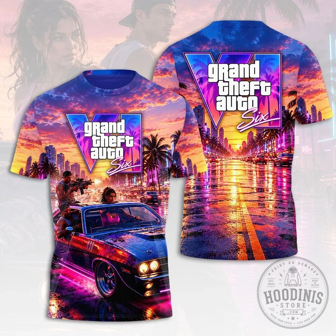Grand Theft Auto Six Video Game Miami Vice Style All Over Print T-Shirt 3 Grand Theft Auto Six Video Game Miami Vice Style All Over Print T-Shirt