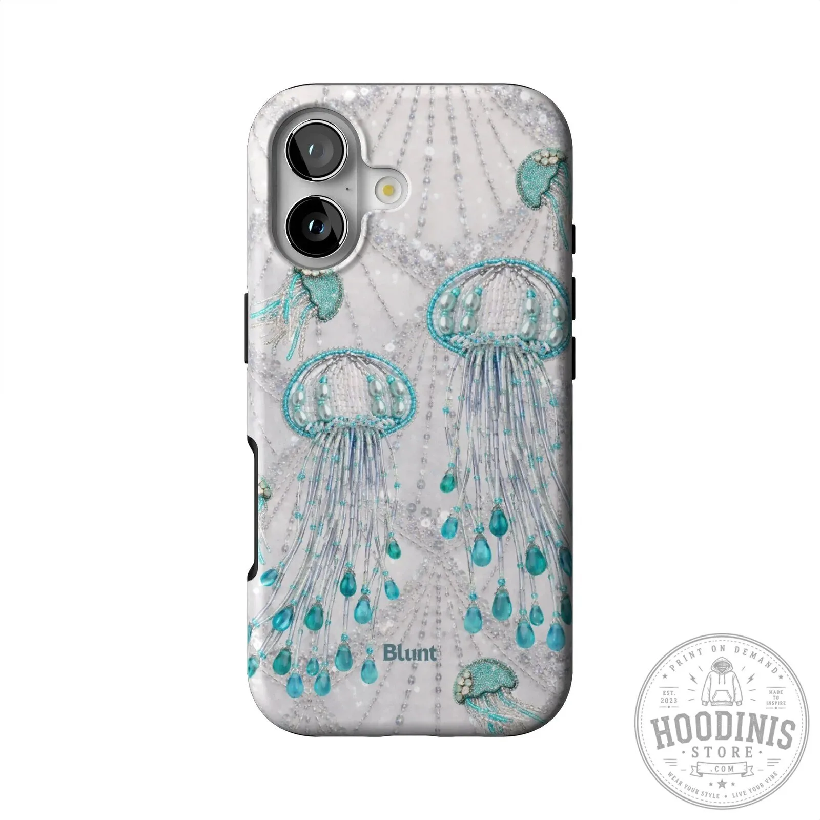 Elegant Beaded Jellyfish Design White iPhone Case with Teal Accents